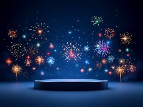 fireworks on the night sky 2025 Text Holiday Graphic with Gold Fireworks Background