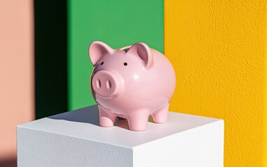 A pink piggy bank stands on a white pedestal against vibrant green and yellow backgrounds, symbolizing savings and financial planning.