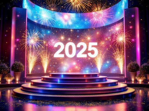 new year celebration 2025 Text Holiday Graphic with Gold Fireworks Background