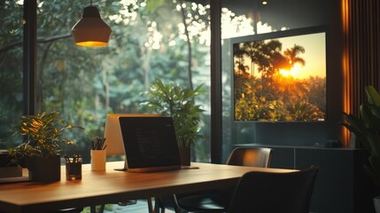 Poster - Modern Workspace With Sunset View And Tropical Plants