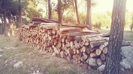 Poster - Stacked Logs Resting Against Forest Trees