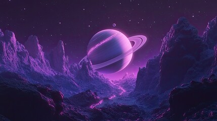 Poster - Ringed Planet Over Purple Alien Mountain Range