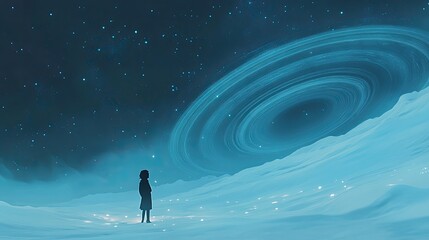 Poster - Solitary Figure Gazes at Celestial Vortex in Frozen Landscape