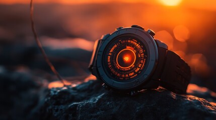 Poster - Smartwatch rests on rock at sunset glowing orange