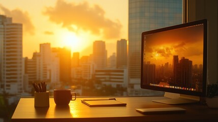 Poster - Golden Hour Cityscape Desk Workspace View