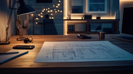 Poster - Desk Blueprint Nighttime Workspace Illumination Design