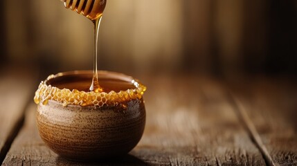 Poster - Golden Honey Dripping Into Earthenware Bowl