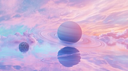 Poster - Pastel Planet With Rings Reflecting In Calm Water