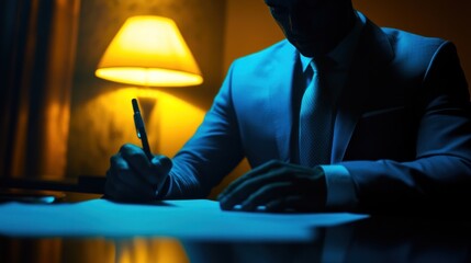 Poster - Businessman signing important documents late at night