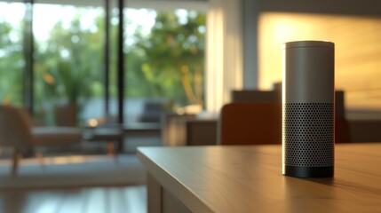Poster - Smart Speaker Sits On Wooden Table In Modern Home