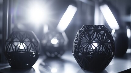 Poster - Three dimensional printed geometric lamps illuminate a dark space