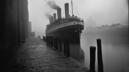 Poster - 1857s, A serene riverbank scene featuring a paddle steamboat docked, captured in high fidelity with vibrant details and a tranquil atmosphere.