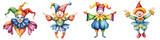 Joyful clowns in vibrant colors, celebrating with cheerful expressions, isolated on white background.