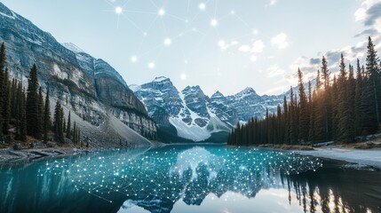 Poster - Serene Mountain Lake with Network Overlay