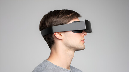Man uses VR headset, profile view, studio, gray background, tech