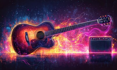 Canvas Print - Acoustic guitar, amplifier, vibrant neon light trails.