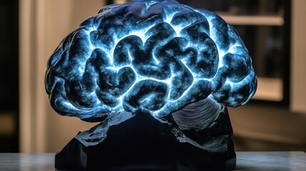 Poster - Illuminated Brain Sculpture Artistic Dark Blue Representation