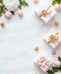 Wall Mural - Three beautifully wrapped gift boxes adorned with shimmering bows sit elegantly on a pristine white table, radiating love and joy for Valentine's Day.