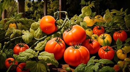 Poster - Bountiful Garden Harvest of Ripe Tomatoes and Leafy Greens   Lush Flourishing Vegetable Patch Full of Fresh Organic Produce