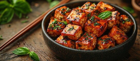 Wall Mural - Glazed tofu cubes in bowl, wooden background, Asian cuisine, recipe