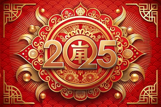 chinese new year 2025 sign with traditional pattern on red background. Chinese new year 2025 greeting card design
