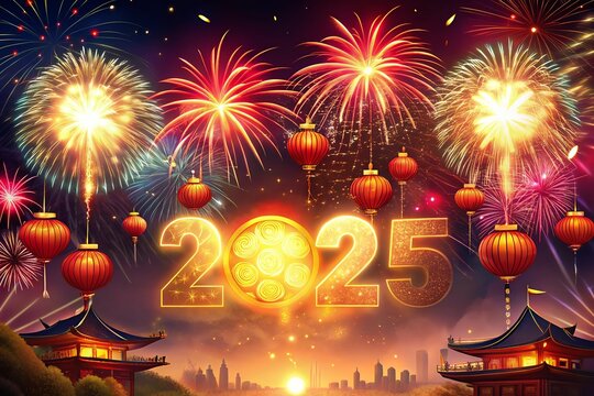 fireworks in the city sign with traditional pattern on red background. Chinese new year 2025 greeting card design 2025