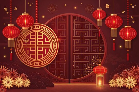 chinese new year greeting card sign with traditional pattern on red background. Chinese new year 2025 greeting card design