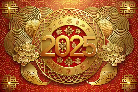 chinese zodiac sign 2025 sign with traditional pattern on red background. Chinese new year 2025 greeting card design
