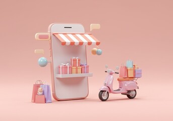 Fototapete - A 3D illustration of a smartphone with a striped awning showcasing gifts and shopping bags