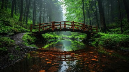 Wall Mural - Wooden bridge over misty forest stream