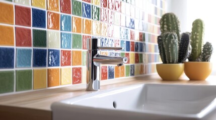 Poster - Vibrant Bathroom Sink with Colorful Mosaic Tiles and Cacti