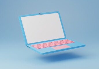 Poster - A 3D illustration of a modern, vibrant blue laptop with a pink keyboard and touchpad floating against a soft gradient blue background