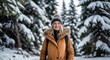 © sevenSkies - Woman in winter coat standing under snowy pine trees