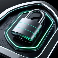 Poster - Cyber Security Padlock with Glowing Green Lines on Dark Metallic Surface