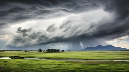 Naklejka na meble Dramatic storm clouds rolling in over a tranquil rural landscape creating a moody and atmospheric scenic countryside view  The dark ominous sky contrasts with the peaceful natural setting below