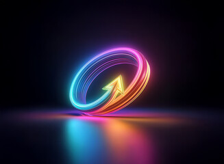 Poster - vibrant neon arrow symbol, circular design, glowing, colorful, futuristic, abstract art. reflective 