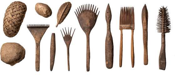 Collection of vintage gardening tools and natural objects, perfect for garden enthusiasts. transparent background