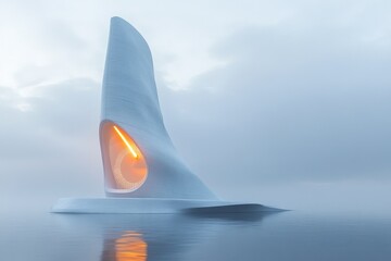 Canvas Print - Futuristic white structure, glowing interior, calm water.