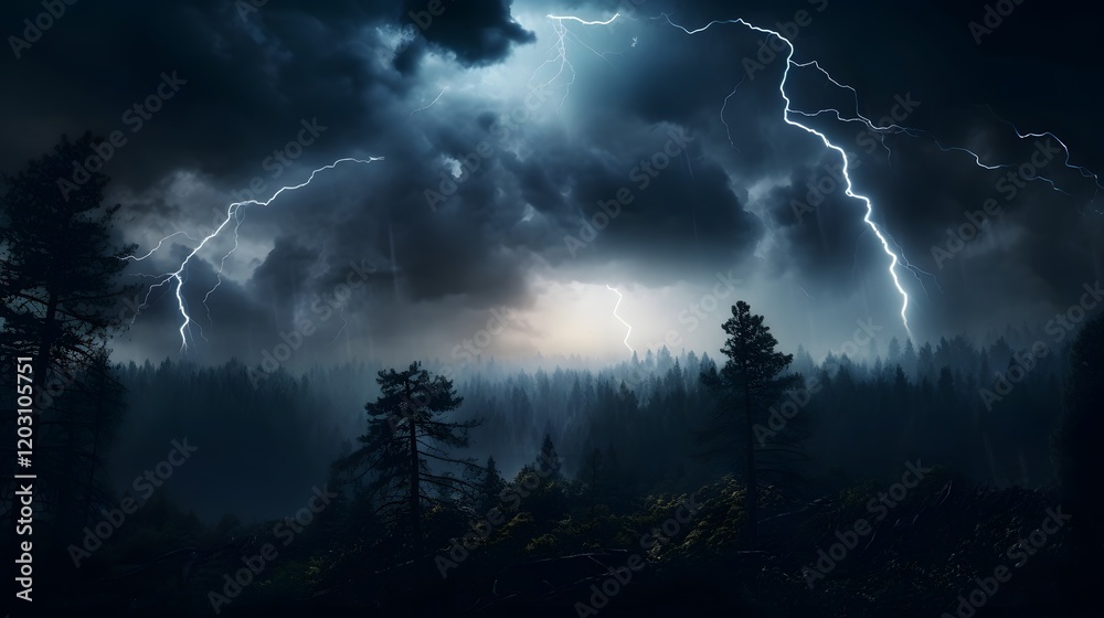 Dramatic and powerful lightning bolt striking through a stormy night ...