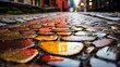 © ChrisTYCat - Captivating rainbow reflection shimmering in a puddle on a charming cobblestone street creating a serene and picturesque urban landscape scene