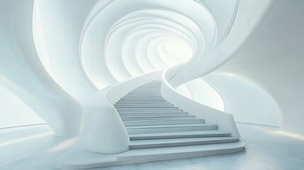 Wall Mural - Spiral Staircase Ascends Through White Modern Architecture Soft Light. AI Generated