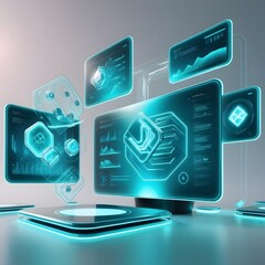 Poster - Glowing Floating Monitors Displaying Data Graphs and Tech Icons