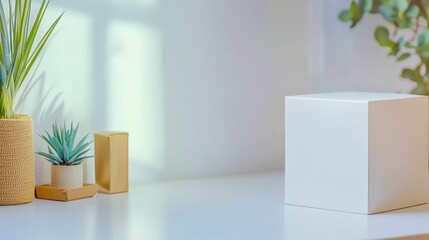 Poster - Minimalist Creative Space with Plant Decor and Geometric White Cube for Design Inspiration and Money Management