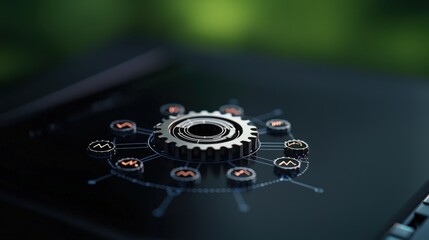 Poster - Realistic Money Transfer Icon over Black Surface with Gear Element and Digital Symbols Representing Finance