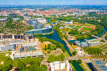 Wall Mural - Strasbourg, France. Watercolor illustration. European Administrative Buildings. City center panorama. Aerial view, Summer