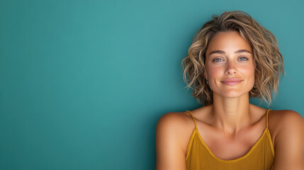 Wall Mural - woman with curly hair smiles against teal background, radiating warmth and confidence