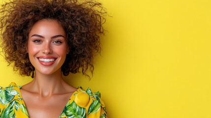 Wall Mural - woman with curly hair smiles brightly against yellow background