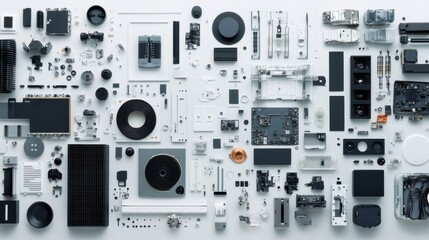 Poster - Aerial view of assorted electronic components arranged neatly on a white background, showcasing technology