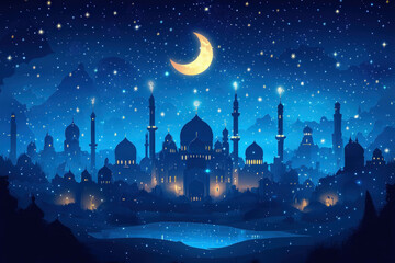 Canvas Print - A Futuristic City Skyline With Mosques Illuminated At Twilight Creating A Modern Ramadan Background