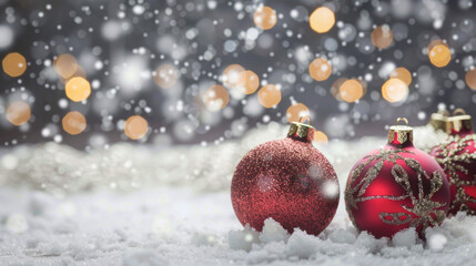 Canvas Print - Three beautiful red Christmas ornaments rest on the snowcovered ground